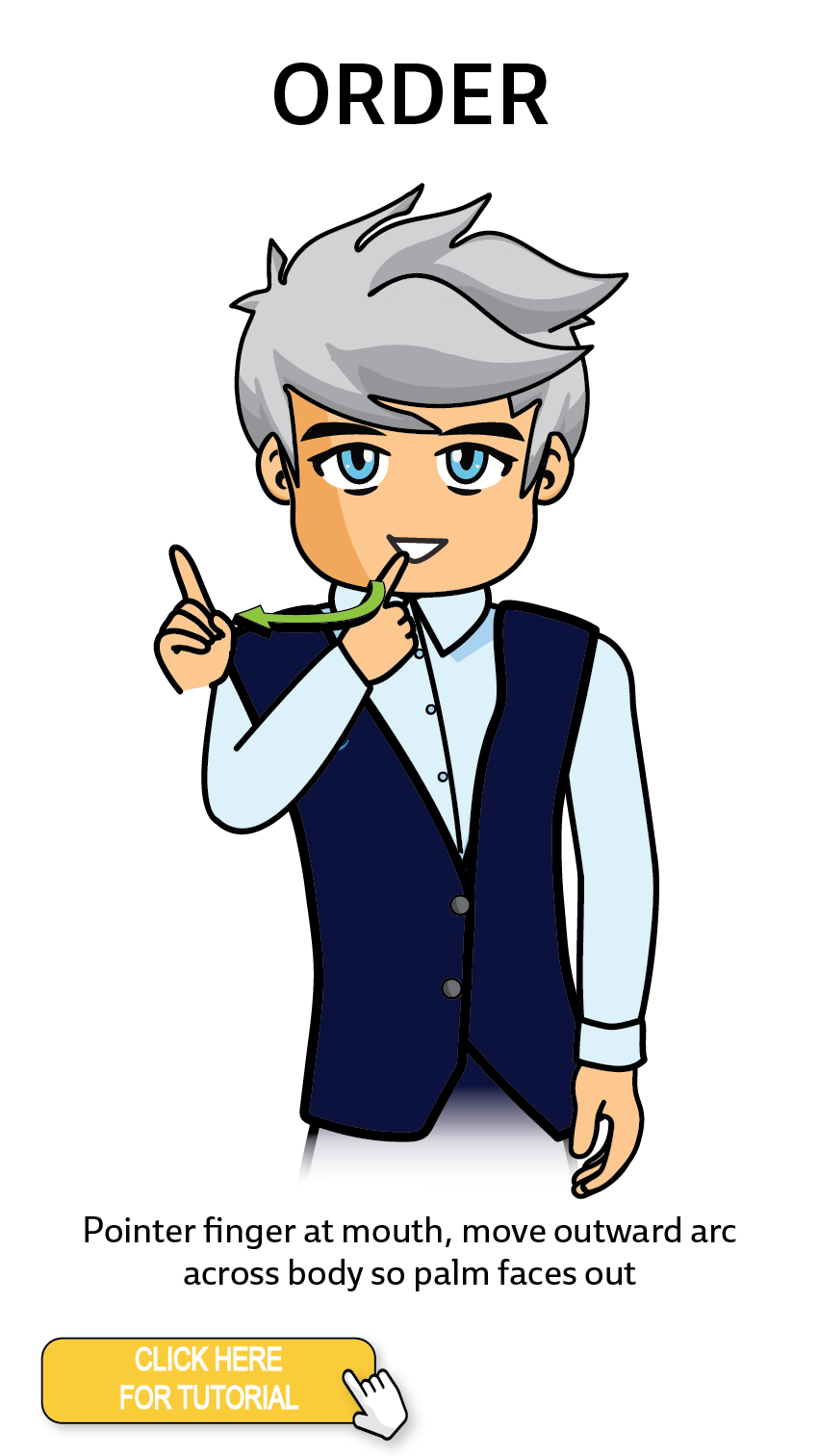 The Cérge character performing sign language for the word Order. The Keyword Sign instructions are: Pointer finger at mouth, move outward arc across body so palm faces out.